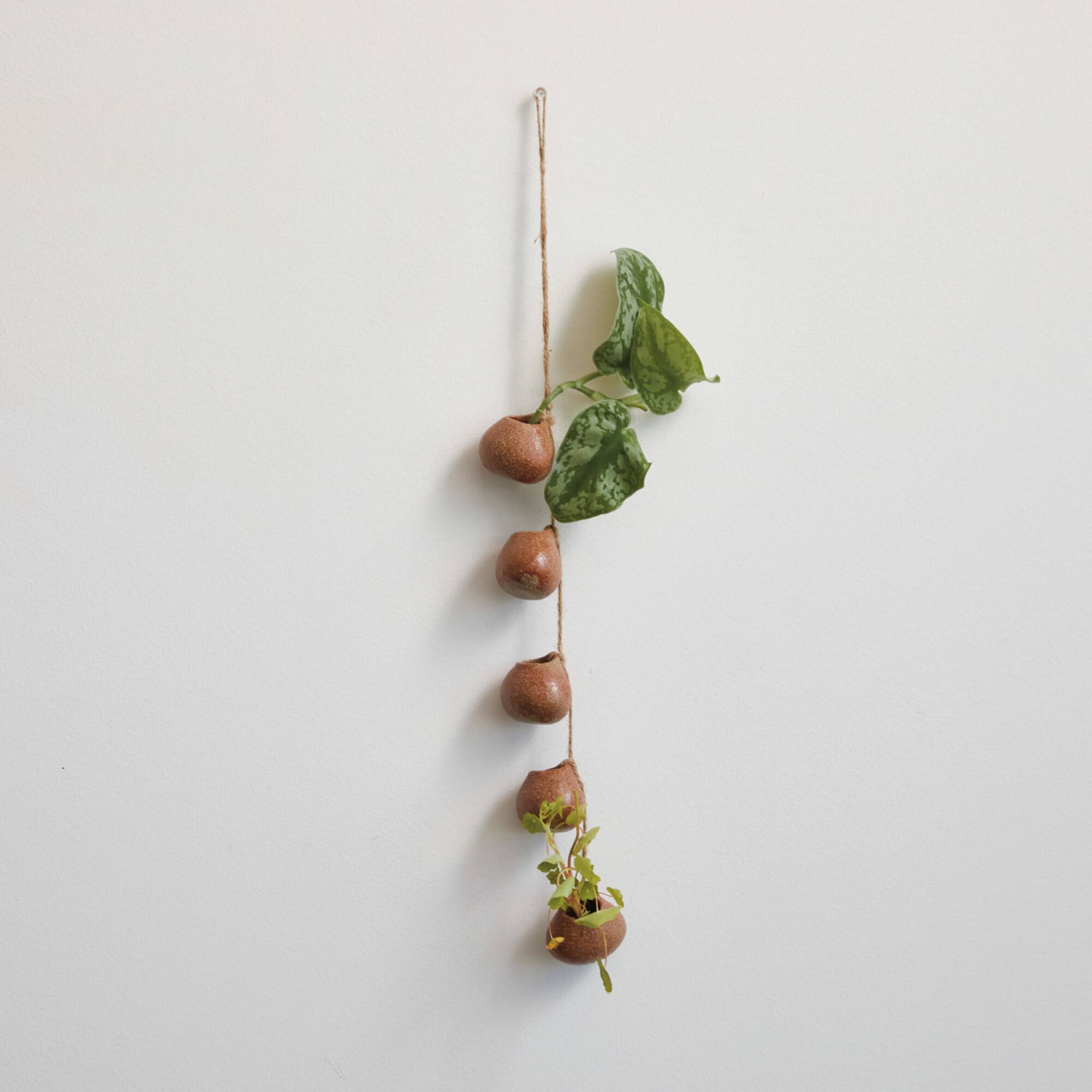 Hello Honey® 21.5" Brown Stoneware Hanging Vases on Jute Rope with Reactive Glaze